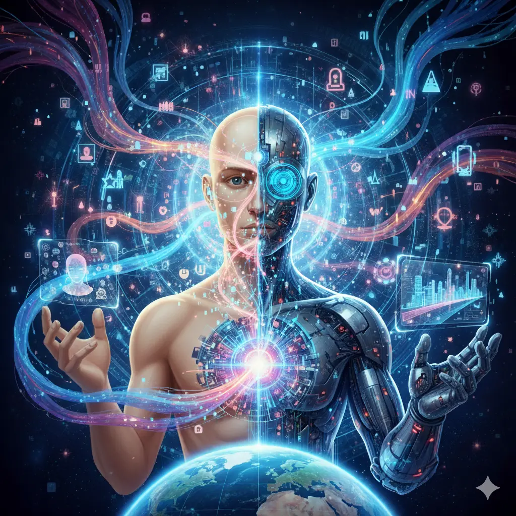 Illustrazione simbolica del futuro uomo-macchina e intelligenza artificiale