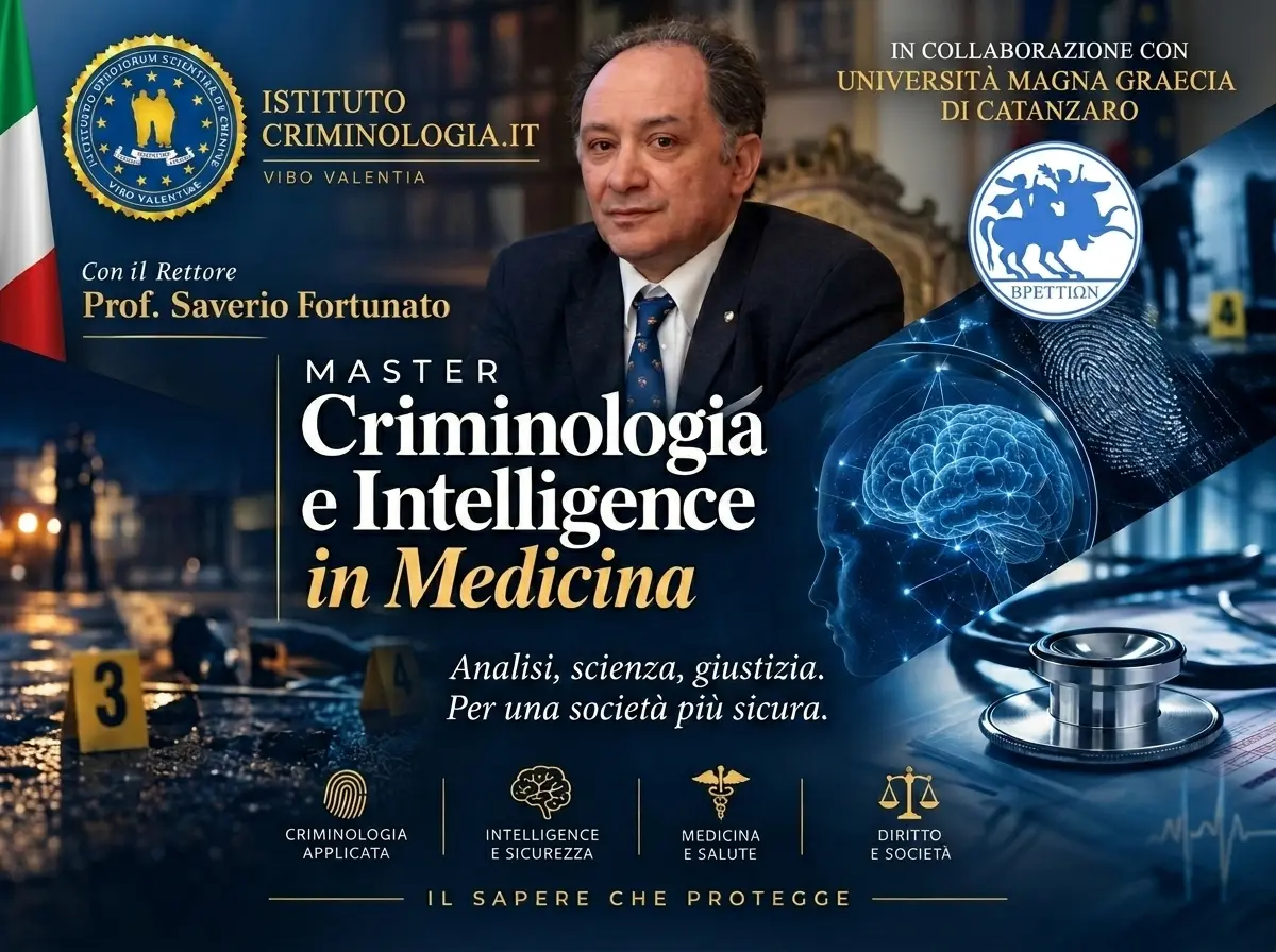 Grafica ufficiale del Master "Criminologia e Intelligence in Medicina" con il Rettore Prof. Saverio Fortunato.